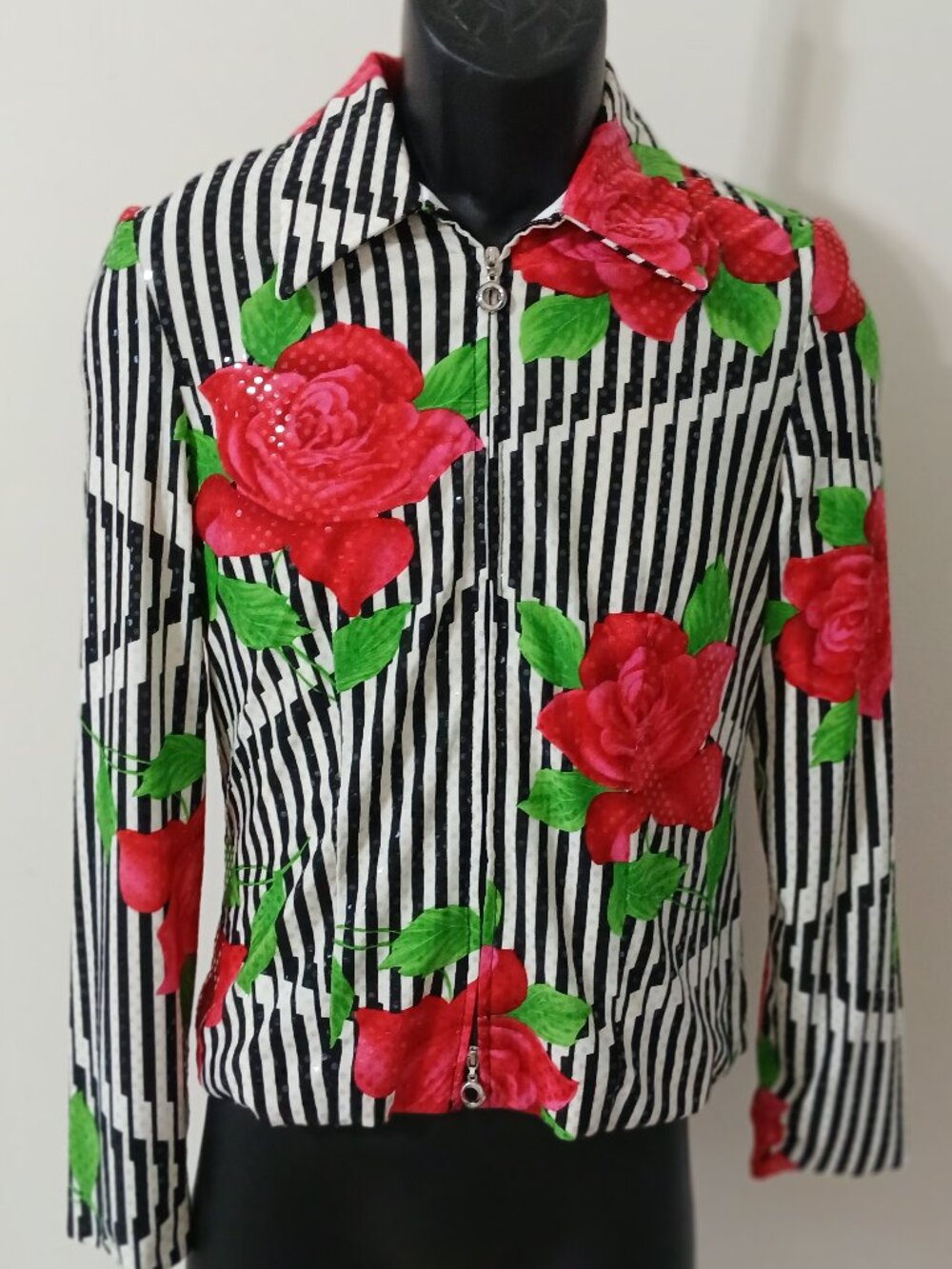 Vintage Joseph Ribkoff Sequined Floral Stripe Jacket Size 4 Made in Canada